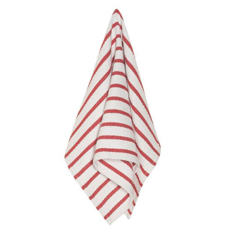 The Dish Towel "Basketweave" shows the hanging of the red and white stripes. 