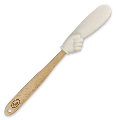Finger shaped batter spatula that's shaped like someones pointing but the pointer finger is overly large with a wooden handle