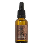 Brown glass bottle with black topper lid of beard oil with brown label that says No. 63.