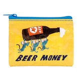 The Coin Purse "Beer Money" has a design of three mice carrying an open bottle of beer over the words, "Beer Money" written in black on a yellow background. 