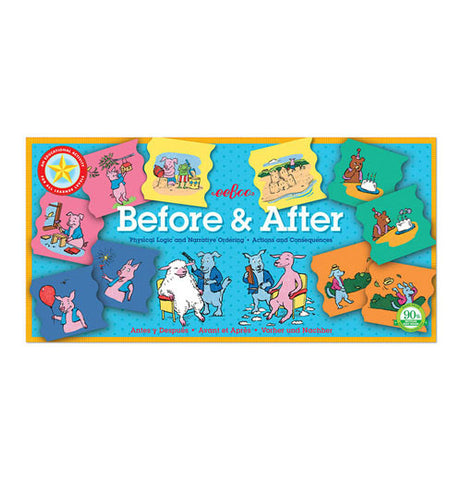 The "Before and After" Educational Game has playful illustrations that depict many real-life situations. 