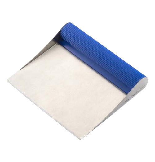 This is a bench scraper with an ocean blue handle.
