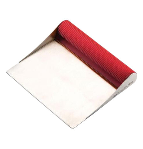 This is a bench scraper with a red handle.