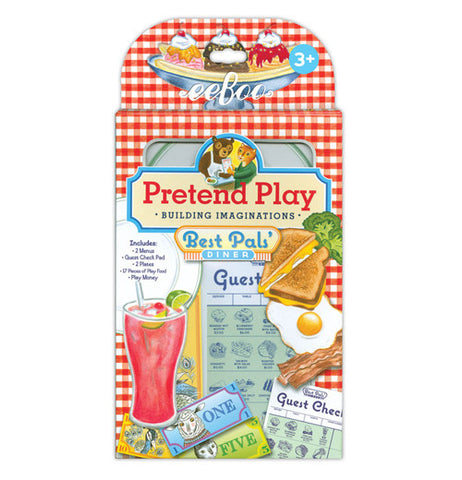 its in a pretend play in its packaging with pictures of grilled cheese and a piece of bacon and a egg and a drink as well