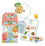 the pretend play package with the menu card and several of the pretend play food items like ice cream sunday, a glass of orange juice a guest card, and a grilled cheese sandwich being served on a plate