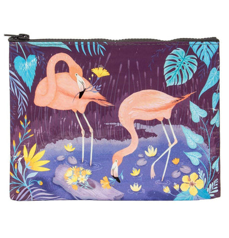 The Zipper Pouch shows picture of two pink flamingos drinking at the pond. 