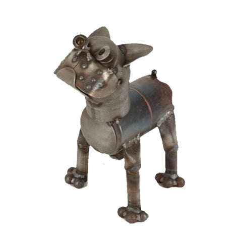 A scrap metal sculpture of a Boston terrier. The head tilts upwards.