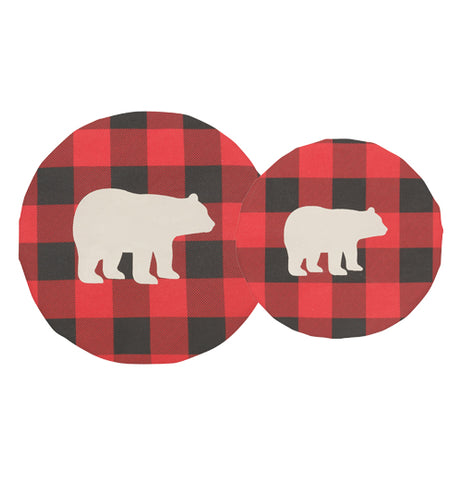 Each of this set of 2 "Buffalo Check Bear" bowl covers has a design of a white silhouette of a bear over a black and red plaid pattern. 