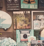 The "Stay Wild" box sign with the cactus picture is shown hanging on a wall with some other wooden box signs.