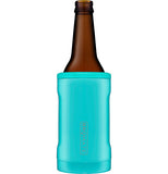 A light blue/aqua bottle cooler with a beer bottle in it.