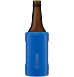 A dark blue/royal blue bottle cooler with a beer bottle in it.