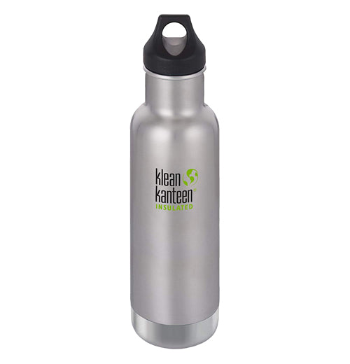 The silver steel water bottle with a loop cap and the Klean Kanteen logo printed in the center is shown individually.