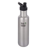 This brushed stainless steel water bottle has a black plastic sports lid and the words, "Klean Kanteen" in the middle.