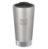 This tall silver stainless steel cup has its logo, "Klean Kanteen" in the middle in gray lettering.