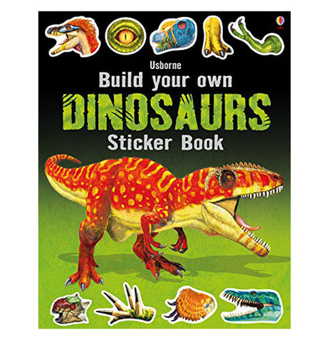 The front cover of the book has a red Allosaurus on it with pictures of some of the stickers in the book along the top and bottom showing various Dinosaur body parts.
