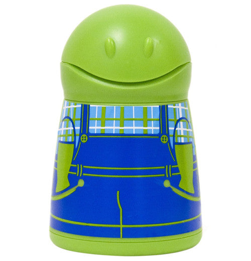 This butter dispenser is lime green and is shaped like a boy in blue overalls.