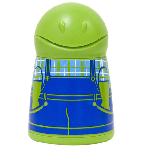 This butter dispenser is lime green and is shaped like a boy in blue overalls.
