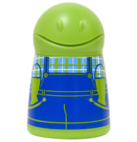 This butter dispenser is lime green and is shaped like a boy in blue overalls.
