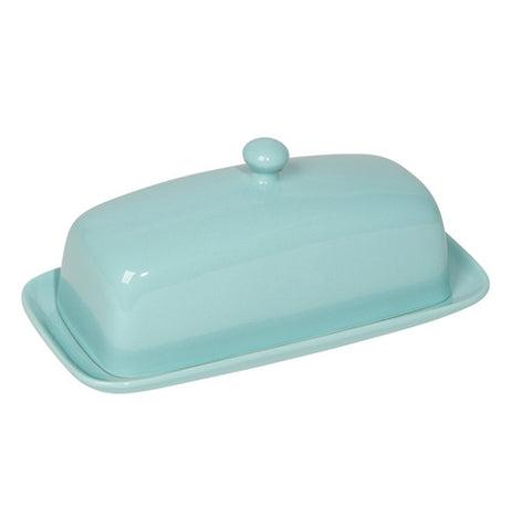 Eggshell ceramic two piece butter dish with a round knob on top of the cover.