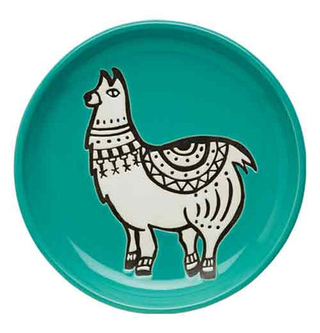 Round "Teal Llama" coaster with white and black llama design on white background.