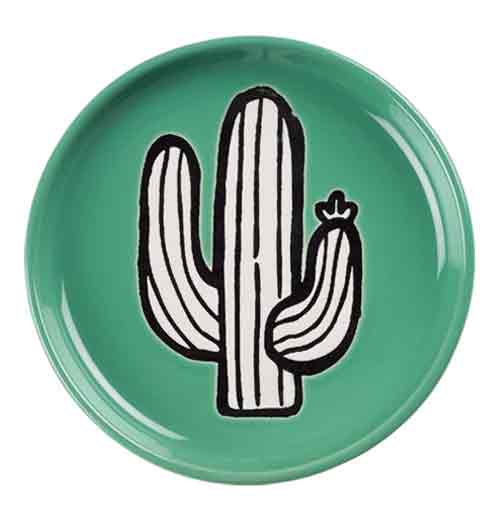 Round green coaster with black and white cactus design on a white background.