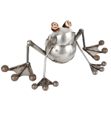 This is a metal sculpture of a toad preparing to hop.