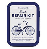 This blue and white metal tin has a blue bicycle and the words, "Kikkerland Bicycle Repair Kit" above it in blue lettering.