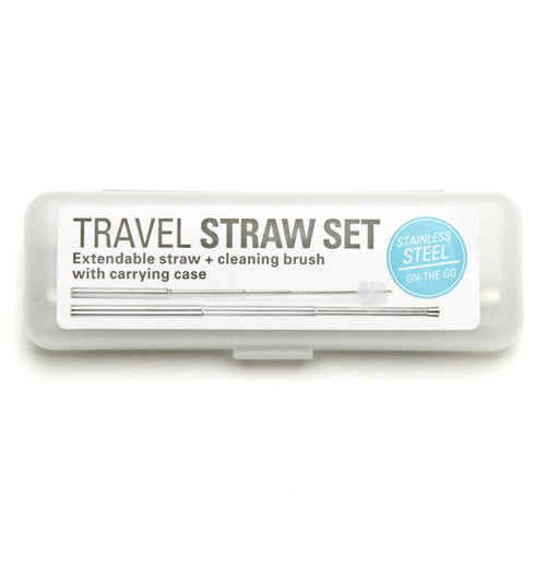 The top of the plastic case is shown with a picture of the silver brush and straw. Above the pictures are the words, "Travel Straw Set Extendable Straw + Cleaning Brush With Carrying Case" in black lettering. Next to the words is a blue circle with the words, "Stainless Steel On The Go" in white lettering.