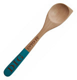 This beechwood spoon has a teal blue handle and the words, "Dig Into It" written in black lettering across its handle.