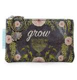 This dark gray coin purse has a design of yellow-green leaves and pink flowers. In the middle of the purse, in white lettering, is the word "Grow".