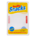 This zip-up bag is shown with yellow banners at the top and bottom. At the top are the words, "Healthy Snacks" in red and blue lettering. At the bottom are the words, "Fresh All Natural - No Artificial Flavors" in yellow and red lettering. The "Kikkerland" logo is shown to the right and left sides of the bag.