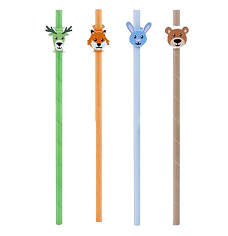 Four colorful straws with animal faces at the top.
