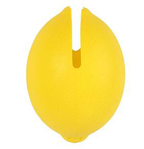Yellow plastic lemon squeezer in the shape of a lemon.