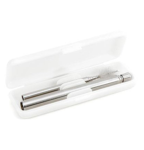 These silver straws in a clear plastic case have different ends for different uses. One has a large brush at the end for cleaning.