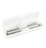 These silver straws in a clear plastic case have different ends for different uses. One has a large brush at the end for cleaning.