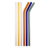 These six straws have different colors; the first is white, the second is yellow, the third is pink, the fourth is orange, the fifth is blue, and the sixth is green. Three of the straws are straight while the other three are curved at the top.