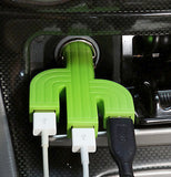 The cactus-shaped USB drive is shown plugged into a car's lighter socket.
