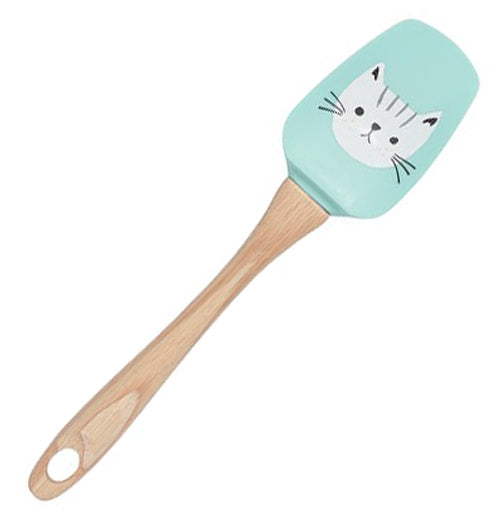 A light blue spatula with a white cat&