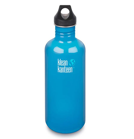 Baby blue 40oz stainless steel klean canteen with a black screw on lid.