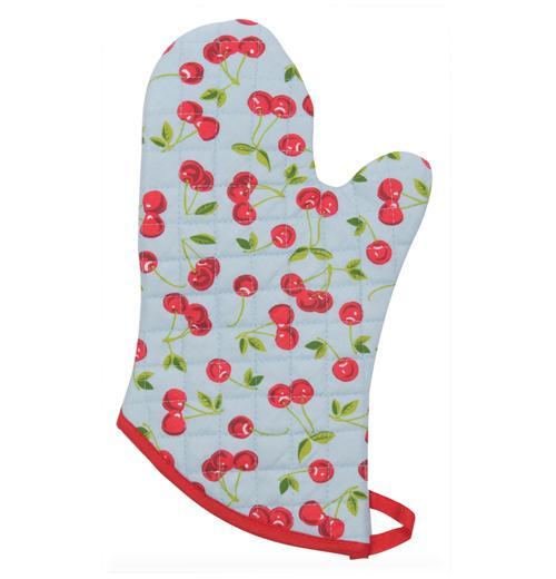 This blue oven mitt features columns of red cherries as its design. It has a red trim.