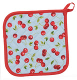 This is a pot holder with apples on them with a red outline.