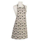 Chicken scratch apron with black and grey hens with a beige background
