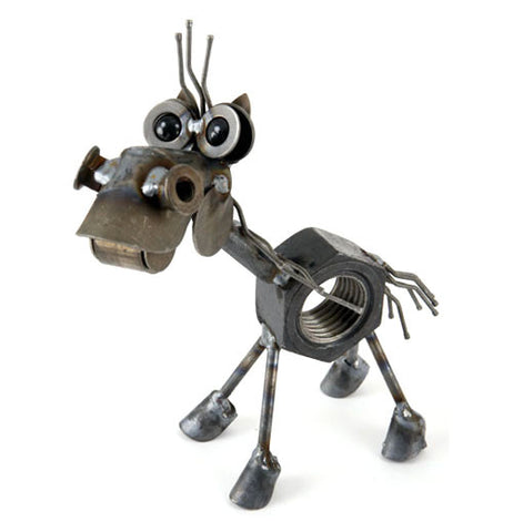 This is a miniature metal sculpture of a horse that has a nut for a body along with a few metal strands for a short mane and tail, a blue marbles for eye balls, and a set of large hooves.