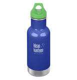 The blue steel bottle with white klean kanteen logo and a green loop cap.