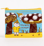 A light blue coin purse with white, brown, and yellow gnomes next to identically colored mushrooms. The grass in the design is completely yellow.