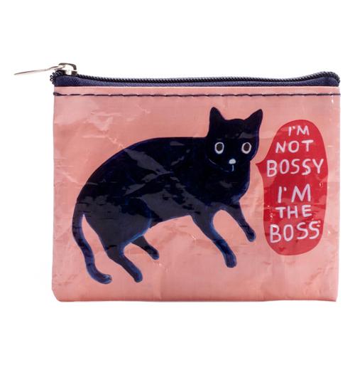 A rose colored coin purse with a black cat saying "I&