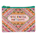 Coin purse with many bright colors such as pink, orange, navy blue etc. There are many geometric designs and a green zipper.