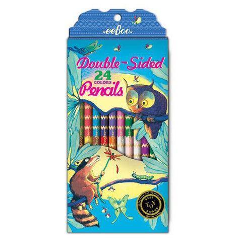 The "Raccoon and Owl" Double-Sided Colored Pencils, which has a set of 12 pencils with 24 colors, has the illustration of a raccoon and an owl sitting on a limb against the moonlight background. 