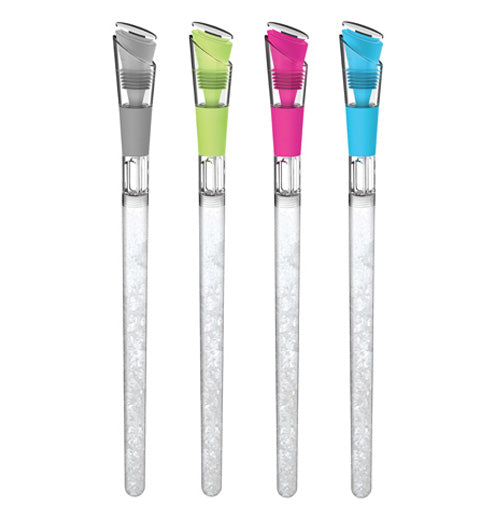 Clear chill cooling pour spout with Pink, blue, gray, and green tops.