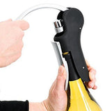 The black and silver corkscrew is shown opening the cork on a whine bottle.
